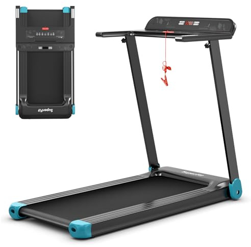 Komfotteu Hopfällbart löpband för ditt hem, löpmaskin 1–12 km/h, 550 W, promenadplatta med LCD-skärm, Bluetooth-app, 3 lägen och 12 program, maxvikt 100 kg (blå)