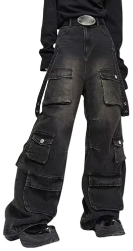 Hugboom Baggy Cargo Pants for Men Women Wide Leg Jeans Y2k Hip Hop High Waisted Pants Casual Streetwear Grunge Clothes Black-M (US, Alpha, Medium, Regular, Regular, Black)