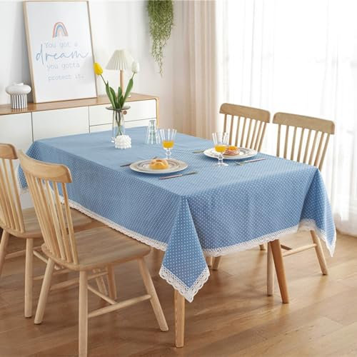 Tischdecke Landhausstil Vintage, Baumwolle Polyester Polka Dot mit Spitzensaum Tischtuch für Küche, Picknick, Tischdekoration, Blau, 140 x 260 cm