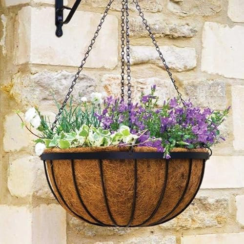 Garden Mile® Garden Hanging Flower Basket 16'' Metal Plant Holder with Coco Liner Outdoor Plant Pot Planter with Hanging Chain Heavu Duty Flower Pot Basket Pre-Lined for Easy Planting