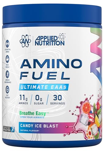 Applied Nutrition Amino Fuel, Polvo de Aminoácidos Esenciales EAA, 390g, 30 Porciones, Sabor Candy Ice Blast, con BCAAs, Glutamina, Electrolitos, Sin Azúcar