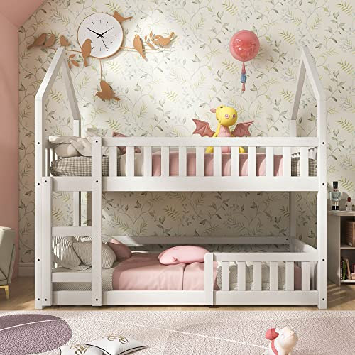 Merax Twin Bunk Bed With Ladder, Solid Wood Frame, Castle-Shaped 3FT Single Gaming Bed, 90 x 190 cm Children's Room Furniture, Wooden Frame for Kids (White)