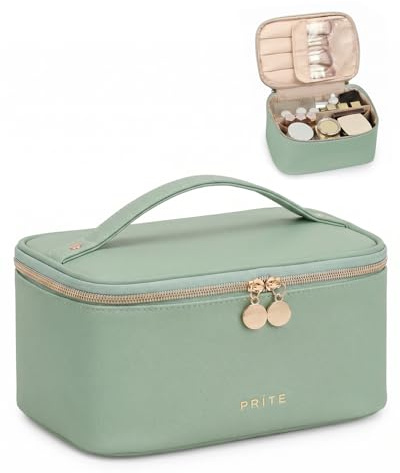 Prite Makeup Bag, Large Capacity Portable Travel Cosmetic Bag, Waterproof Makeup Organizer for Women with Handle and Divider (001 Green)