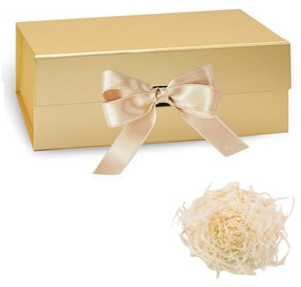 Gold Foldable Present Box with Lids, with Ribbon, Raffia, Card, Sturdy Gift Packaging Cardboard Box for Birthday Anniversary Wedding