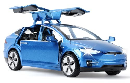 MODVKVK Tesla Model X 1:32 modellbil, leksaksbil med ljus och musik, retdragfunktion, legeringsformgjutning, perfekt för barn från 3 år och samlare (blå)