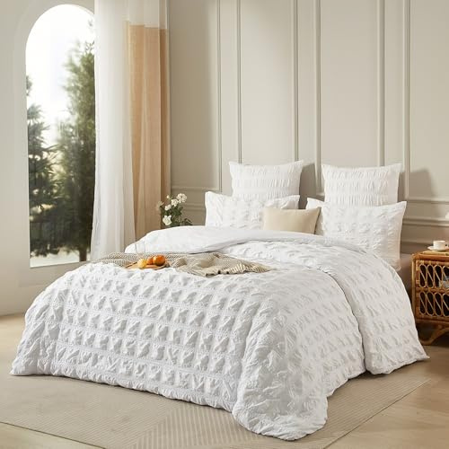 Luofanfei Seersucker Housse de Couette 240 x 260 Blanc a Carreaux Rayés Unie Parure de Lit Microfibre 2 Personnes Adulte Linge de Lit Uni Parure Housse Couette zippée avec 2 Taies d'oreiller 65x65 cm