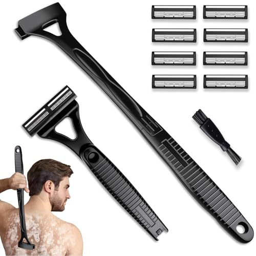 Dexspoeny Afeitadora de espalda para hombres y mujeres (bricolaje), recortadora de vello corporal con mango ergonómico plegable extra largo, afeitado en seco y tecnología de maquinilla de afeitar de