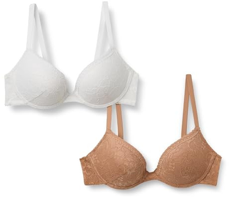 Amazon Essentials Reggiseno Push-up in Pizzo Elasticizzato Donna, Confezione da 2, Bianco/Bronzo Lavato, 3C