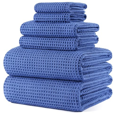 POLYTE 430 gsm Microfibre Quick Dry Lint Free Oversize Bath Towel Set, 6 Piece (Waffle Weave)