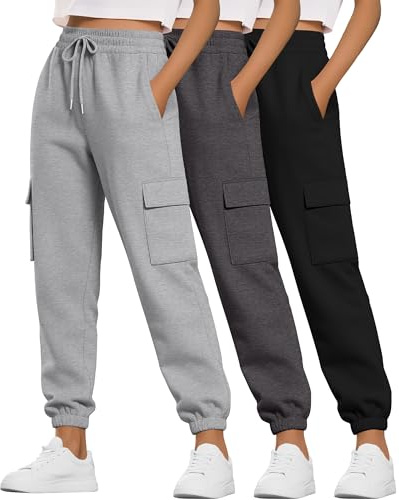 Neer 3 Pack Women's Cargo Sweatpants Joggers Pants Causal Gym Athletic Workout High Waist Bottom Y2k Fall Outfits with Pocket(Black, Dark Grey, Light Grey,Large)