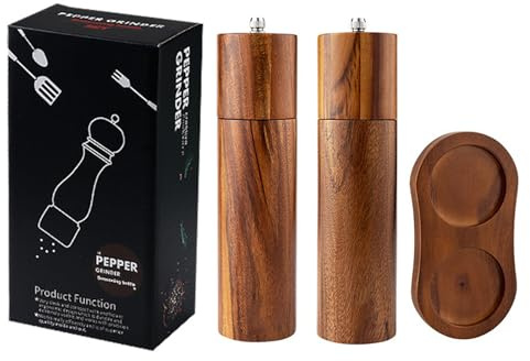 ZUSUZU Moulin à Sel et Poivre en Bois avec Soucoupe,2 Pièces Moulin à Poivre et Sel Manuel,Moulin à épices avec Broyeur en Céramique Réglable pour Sel de Mer, Piment Le Cumin et Sésame
