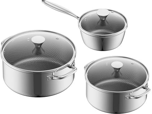 ZEROPAN Grytset non-stick med lock 16 + 20 + 24 cm, kastrullset induktion, kallt varaktigt handtag, diskmaskinssäker, fri från PFAS, PFOA och PTFE, ugnssäker upp till 260 °C, lämplig för alla typer av