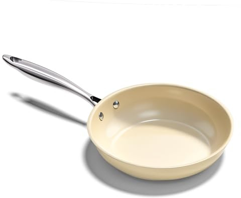 UUKRAVE Keramikpanna induktion 20 cm, non-stick beläggning keramisk beläggning stekpannor, pannor med handtag i rostfritt stål, PTFE-fri PFOA-fri, PFAS-fri, ugnssäker (beige)