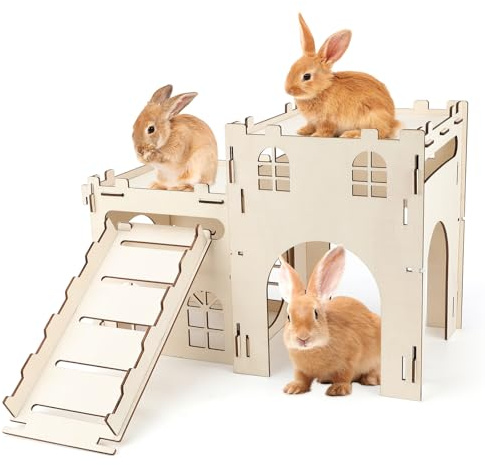 Large Wooden Rabbit House, Rabbit Castle Hideout for Rabbits, Rodents, 60cm