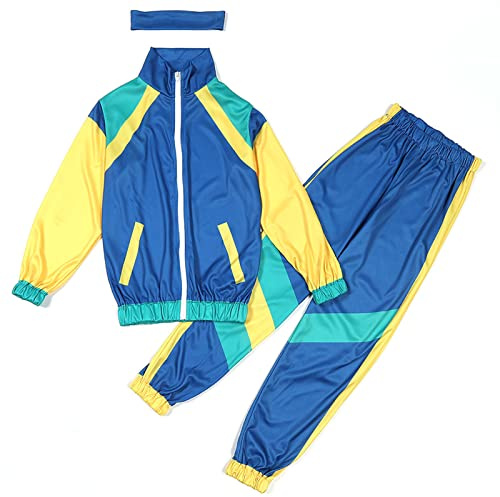 Chándal infantil retro de los años 80 y 90 – Chaqueta y pantalón en estilo vintage como disfraz completo para carnaval, fiestas temáticas y eventos retro, Azul-B., 4-6 años