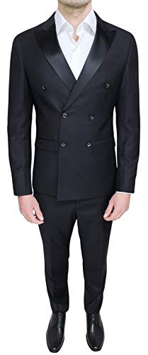 Class Sartoriale Abito Completo Uomo Raso Doppio Petto Slim Fit Elegante Cerimonia (52, Nero)
