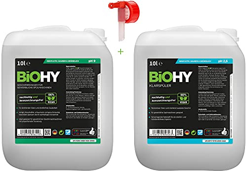 BIOHY Juego de limpieza para lavavajillas en tamaño de almacenamiento, abrillantador, bidón de 10 litros, bidón de 10 litros, incluye grifo de salida, para resultados de limpieza brillantes