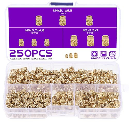 Gueenky 250 Stück Gewindeeinsatz 3D Druck Messing, M3 M4 M5 Gewindeeinsatz Innengewinde, 3 Größen Einpressmuttern Sortiment für 3D Drucker Kunststoffteilen Spritzguss