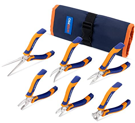 WISEPRO 6-teiliges Mini-Zangen-Set mit Tasche, einschließlich langer Nadel-/gebogener Spitzzange, Kombinations-/Endschneide-/Seitenzange