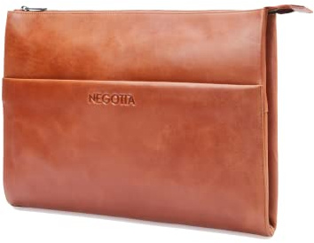 NEGOTIA Alpha Laptop Folio 15.6 Zoll, Handgemachte Laptoptasche, Premium Lederhülle für Laptop 15,6 Zoll und MacBook Pro 16 Zoll, Extra Fächer für Zubehör, Braun
