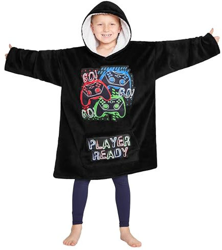 CityComfort Hoodie Blanket for Kids & Teenagers Fleece Wearable Blanket Warm Gamer Football Oversized Hoodie with Sherpa Hood Loungewear Gaming Gifts (Black/Multi)