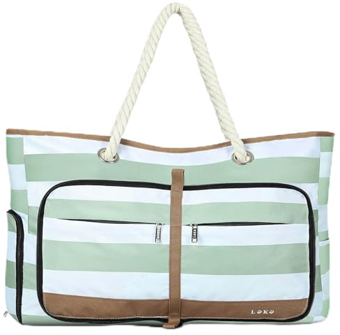 Lekespring XXL Grand Sac de Plage Femme avec Compartiment Chaussures Séparé, 35 Litres - Cabas Plage Pliable Imperméable, Idéal pour les Voyages et un Usage Quotidien - Rayures Blanches et Vertes