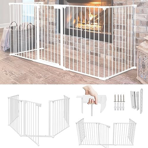 Gimisgu Kaminschutzgitter mit Tür, 310 cm Metall Ofenschutzgitter, Treppenschutznetz, Tierschutzgitter, Türschutzgitter für Kinder Sicherung, 5-teilig weiß, je 65 x 75 cm