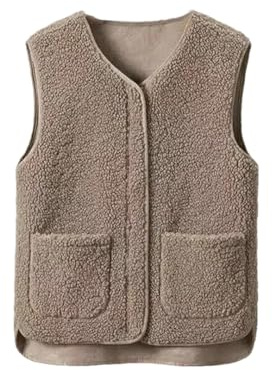 Fnfmrfmr Gilet da donna in finta lana di agnello, spesso, caldo, con cerniera, per autunno e inverno, senza maniche, vestibilità larga, cachi, S