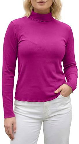 Love My Fashions® Camiseta de manga larga con cuello alto para mujer, acanalada, elástica, cuello alto, fucsia, 40-42