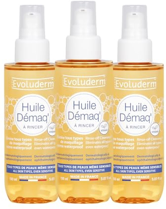 EVOLUDERM - Huile Démaq' - 150 ml - Ingrédients d'Origine Naturelle - Végan - Fabrication Française - Lot de 3 x 150 ml