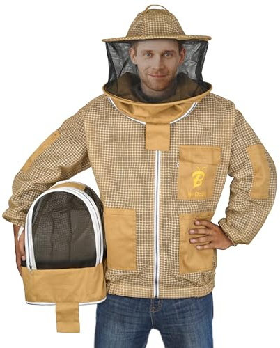 Be Noble 3 Layer Beekeeping Ultralight Ventilated Jacket with Two Veils. Fully Protective Metal Zipper Jacket with Round Veil and Fencing Veil. (Khaki, Large)
