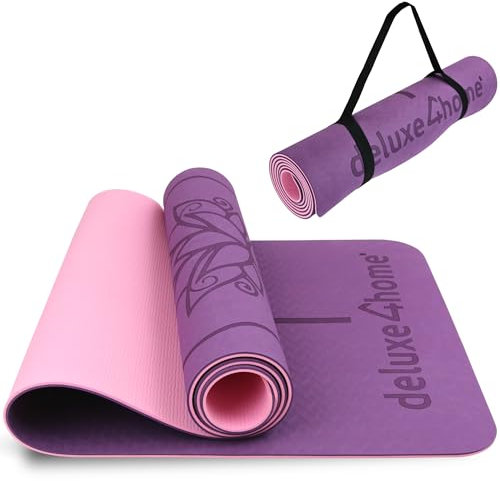 deluxe4home® Yogamatte Gymnastikmatte I Fitness Matte Rutschfest mit Tragegurt I Sportmatte für Yoga & Pilates I Trainingsmatte mit Ausrichtungslinien (Violett)