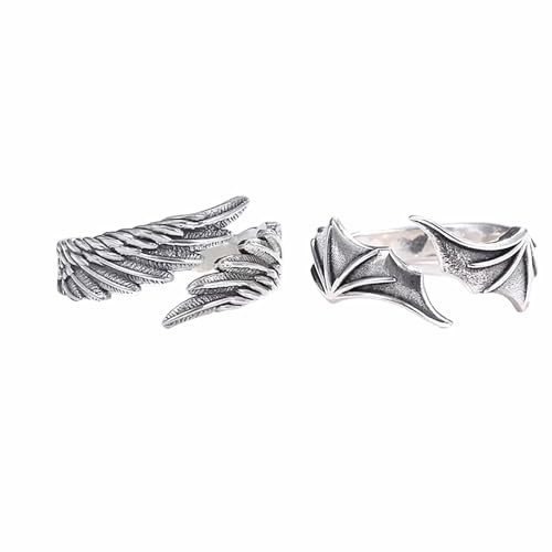 Faruodis Anillos de diablo con alas de ángel, 2 unidades, anillo de nudillos punk de demonio, vintage, hip-hop, joyería ajustable para mujer