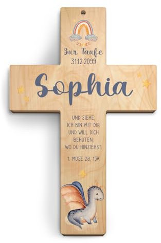 Taufkreuz personalisiert aus Holz Taufgeschenk Mädchen Junge 13x20cm - kleiner Drache - Birkenholz Look