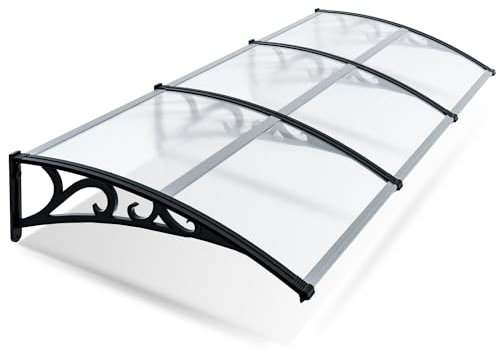 Peviasot Vordach für Haustür 100x300 cm, 6 mm Überdachung Haustür aus Aluminium und Polycarbonat, Transparentes Pultbogenvordach, Pultvordach, Sonnenschutz und Regenschutz, Grau