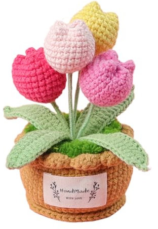 UniqKaliber Tulipani all'uncinetto in vaso, tulipani finiti all'uncinetto, bouquet di fiori lavorati a maglia in vaso, tulipani finti per ufficio, casa, tavolo, centrotavola, decorazione, regalo di
