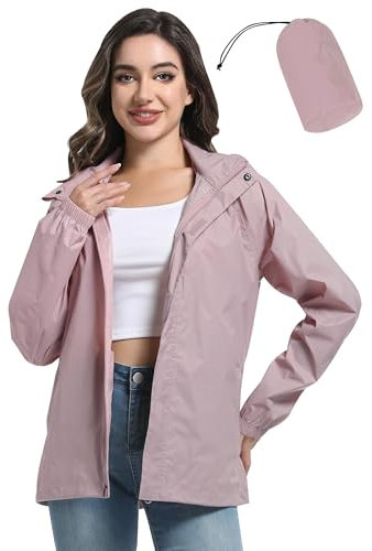ATLASLAVA Regenjacke Damen Dünne Faltbar Fahrradjacke Wasserdicht Leicht Outdoorjacke mit Kapuze Fahrrad Wandern Getrocknete Rose L