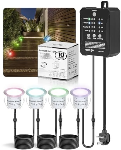 10Pcs RGB Led Decking Lights with Timer and Photocell Sensor, Multicolor Chasing Effect Outdoor Decking Lights, IP67 Waterproof 0.4W Deck Lighting Mains Powered for Terrace/Patio/Garden/Decoratio