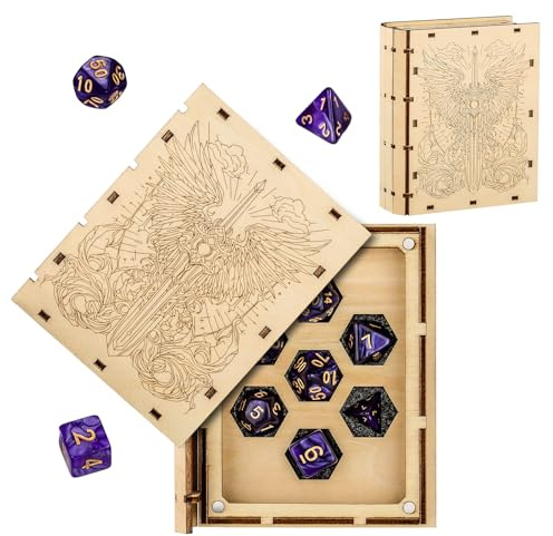D&D würfelbeutel mit 7 violett goldenen polyedrischen Würfeln, DND Aufbewahrungsbox, Holz Magiebuch Cover Kriegerbox, RPG Zubehör für Spieleabende, würfelbox, Tabletop Gaming Geschenke für Spieler