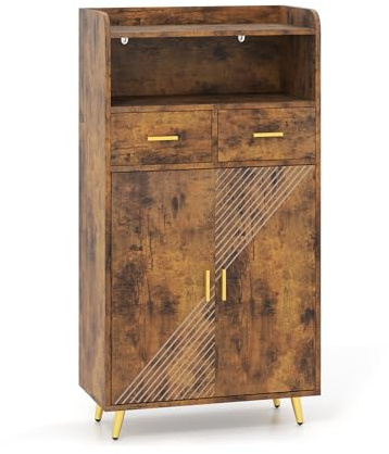 LIFEZEAL Armario de Almacenamiento Multiusos con Puertas, 2 Cajones y Estante Ajustable, Armario de Salón para Comedor, Sala de Estar y Baño, 60 x 30 x 113 cm (Marrón)