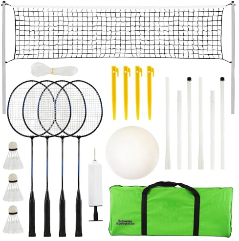 The Magic Toy Shop 2-in-1 Portable Badminton and Volleyball Set for 4 Players with Adjustable Net – Rackets, Shuttlecocks, Volleyball, Carry Bag – Outdoor Sports for Garden, Beach