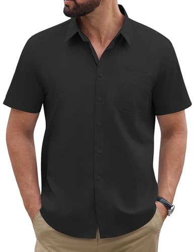 TOMEEK Camicia Uomo Maniche Corte Camicie Estiva Casual Camicie Elegante Camicia Regular Fit Business con Bottoni e Tasche Colore Solido Camice(Nero,L)