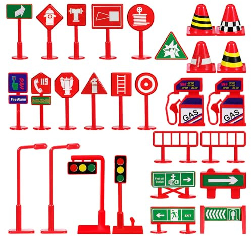 Homoyoyo 28pcs Mini Traffic Signs and Road Cones Set, Educational Early Learning with Street Road Signs, Mini Traffic Cones for Pretend Play and Safety Awareness