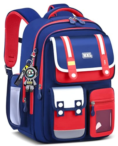 Amythe Lättviktig skolryggsäck för pojkar - barnryggsäck CE1 CE2 CM1 CM2 med ergonomisk rygg, vattentät, reflekterande remsor, perfekt för skola och resor, Blåröd, Vardagsryggsäckar