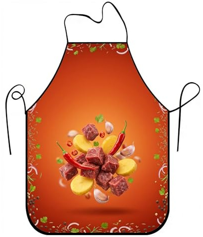 Delantales vibrantes de carne y verduras para cocinar, delantal culinario moderno para barbacoa, parrilla y trabajo de chef en casa, Naranja, 24x31 Inch