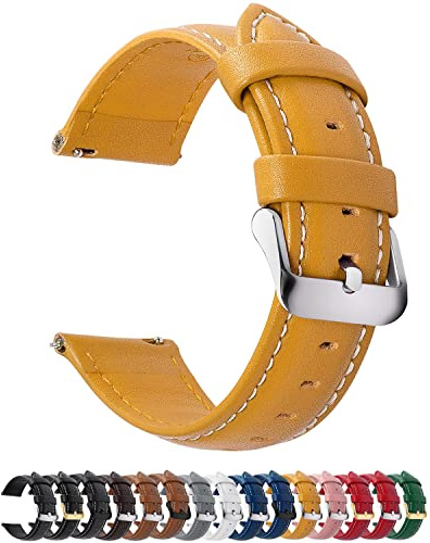 Fullmosa Bracelet de montre, Bracelet en cuir vintage de remplacement pour smartwatch et montre universelle avec fermoir en acier inoxydable pour hommes et femmes,Jaune+boucle argentée,22MM