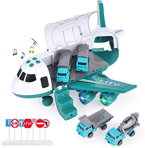 SHANNA Aerei Giocattolo Bambini, Aeroplano A Inerzia con Set di Giocattoli Educativi per Veicoli, 1 Aereo Grandi Dimensioni, 4 Auto in Lega Ragazzo Ragazze Regalo (Veicolo Sanitario-Verde)