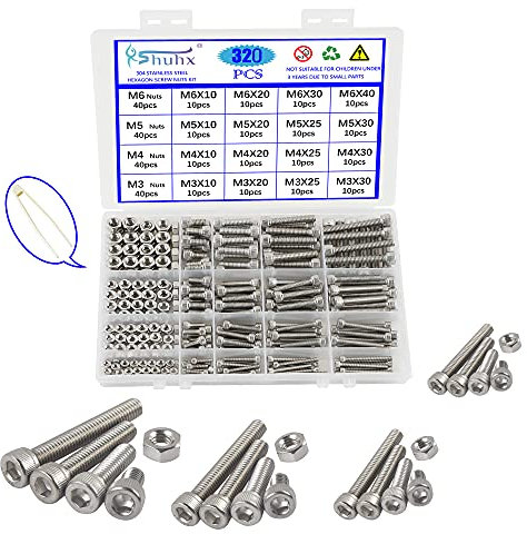 Rshuhx Tuercas y pernos hexagonales M3 M4 M5 M6, tornillos hexagonales de acero inoxidable 304, kit surtido de 320 piezas con caja de almacenamiento para reparación de bicicletas y motocicletas