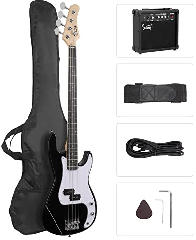 GLARRY Full Size Electric Bass Guitar Beginner Kit 4 String Exquisite Basswood Bass with 20W AMP, Cable, Strap, Bag and Accessories (Black, 39Right Handed)