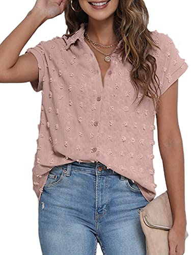 BOTHENIAL Camisa Blanca con Botones para Mujer, Estilo Casual, Blusa de Gasa de Verano, Camisas de Manga Corta, Rosado, Large